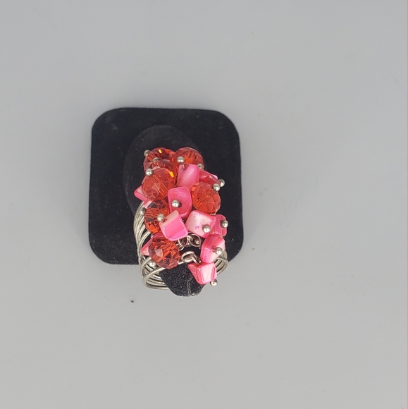 Red Beaded Silvertone Spiral Ring - Picture 4 of 9